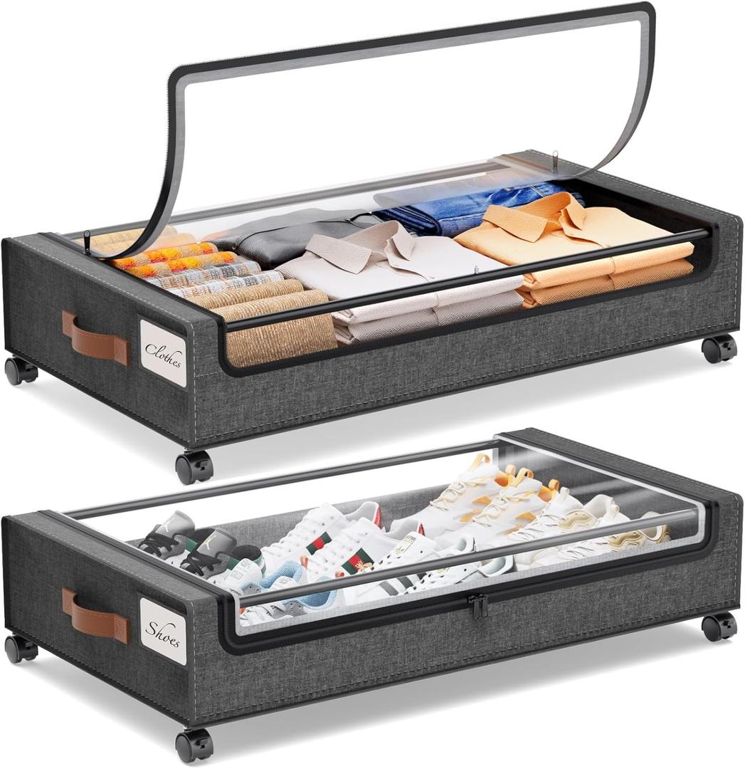 Yecaye Under Bed Storage with Wheels, 2Pack Under Bed Storage Containers, Underbed Shoe Storage Organizer, Rolling Under Bed Metal Drawers for Clothes, Blankets(30.71 x 16.93 x 6.69 in) (Grey)