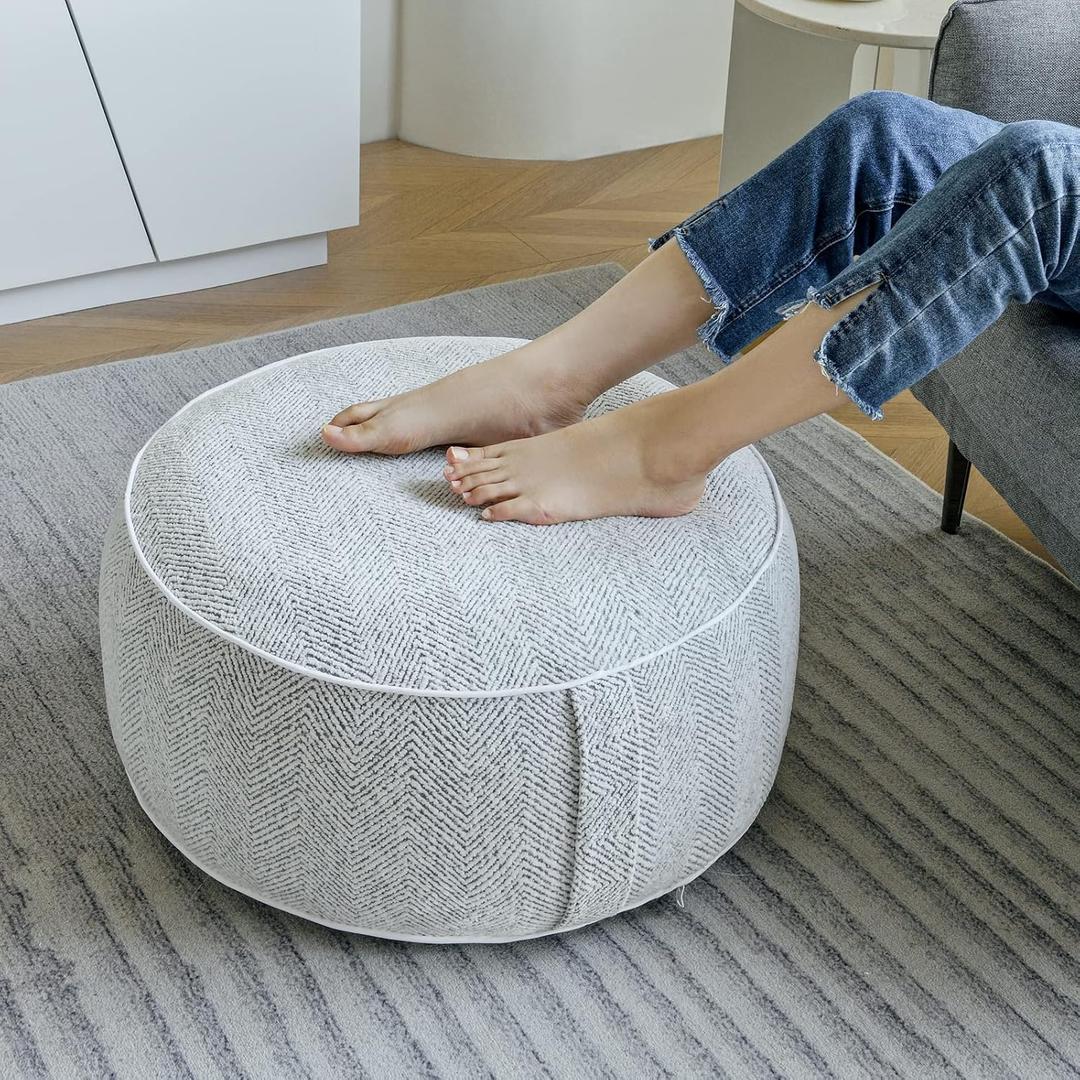 Inflatable Pouf Ottoman, 21x10 Inches Stuffed Chenille Ottoman with Inflatable PVC Liner, Foot Rest with Portable Handle, Round Floor Pillow for Living Room, Bedroom, Kids Room (Grey)