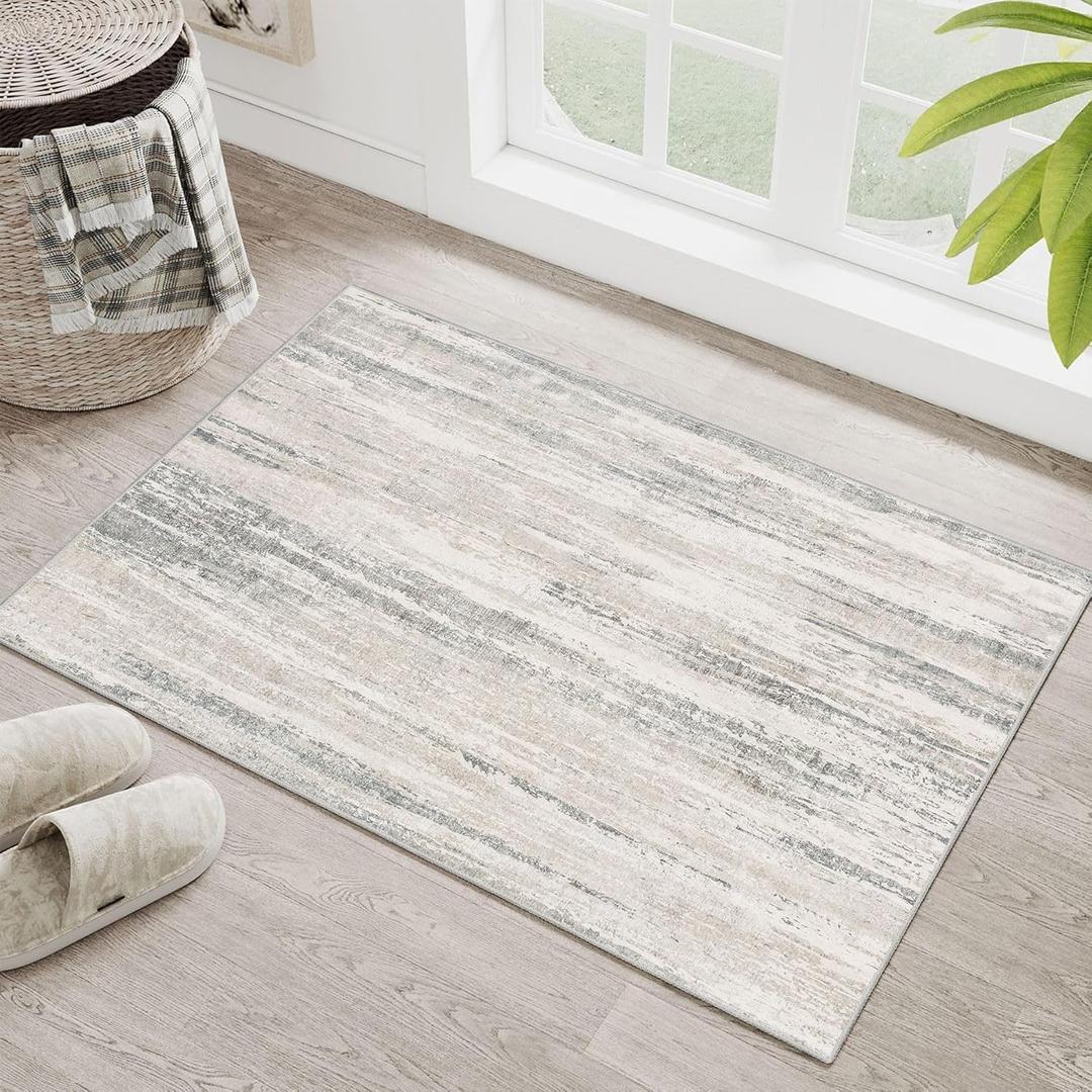 MUJOO Small Rug Washable,2x3 Area Rugs for Entryway Entry Entrance Bedroom Bathroom,Modern Abstract Low Pile Throw Rug,Front Door Mat Non Slip Accent Neutral Carpet Indoor Beige and Grey