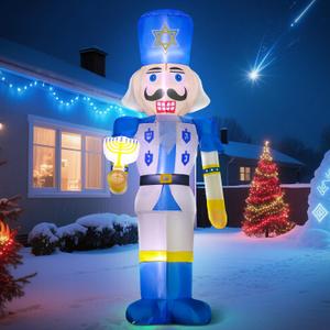 DomKom 8FT Hanukkah Inflatable Outdoor Decorations,Chanukah Blow up Nutcracker Holding Menorah, Build-in Led Light for Party Yard Holiday Decor