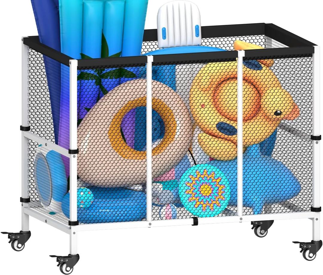 150 Gallon Swimming Pool Storage Bin, Outdoor Rolling Pool Toy Organizer Cart for Swimming Acessories, Pool Noodles Holder for Floaties, Life Vests, Beach Essentials, Patio Furniture, White