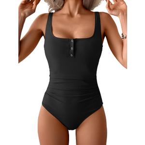 B2prity One Piece Swimsuit for Women Tummy Control Ruched Slimming Bathing Suit Button Full Coverage Swimwear (Black, L)