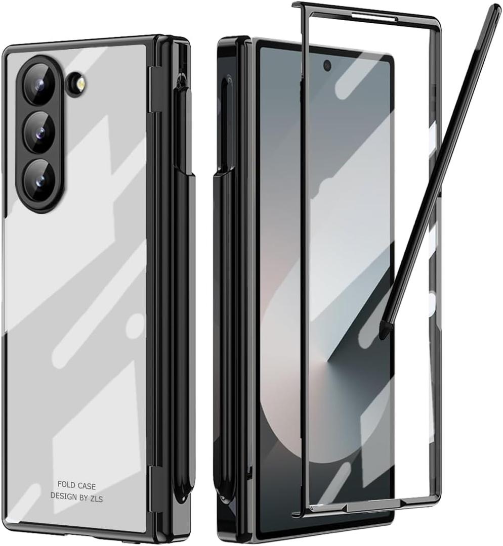 for Samsung Galaxy Z Fold 6 Case with S Pen Holder & Slim Stylus, Crystal Clear All-Inclusive Case with Kickstand Hinge Protection Screen Protector Pen Slot Protective Cover for Z Fold 6 Black