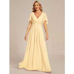 Ruffles Sleeve A-Line Chiffon Waist Applique Maxi Wedding Guest Dress, Size 14