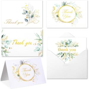 100 Bulk Thank You Cards with Envelopes White and Greenery Gold Foil  Floral watercolor Cards Thank You Notes with Envelopes and Eucalyptus leaves for Wedding Bridal Baby Shower Graduation Fune