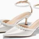 Coutgo Womens Pearl Kitten Heels Closed Pointed Toe Wedding Bride Dress Shoes Ankle Strap Satin Pumps (White, 10)