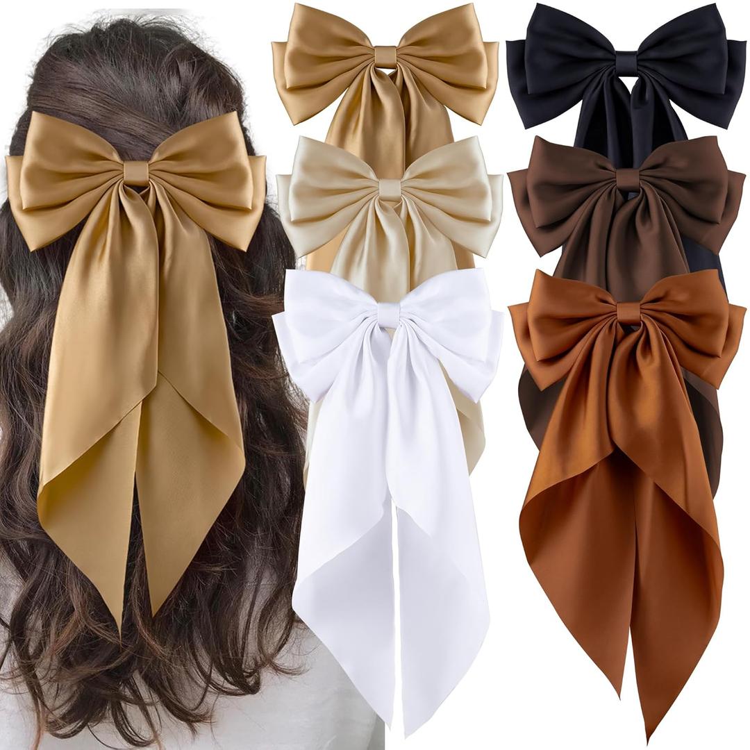6Pcs Large Bows Hair Clips for Women Girls Long Tail Hair Ribbon Silky Satin Barrettes Coquette Bows Accessories (Black/khaki/Brown/White)