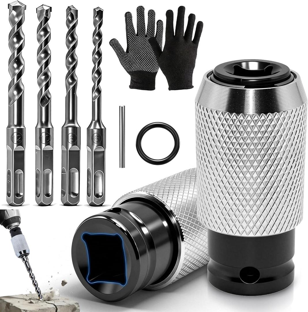 Rotary Hammer Adapter with Impact Drill Bits Set, 5 in 1 Heavy Duty Electric Impact Wrench to Drill Converter Kit - Alloy Steel Adapter + 4PCS Drill Bits for Concrete, Brick, Stone, Wood- NOT SDS Plus