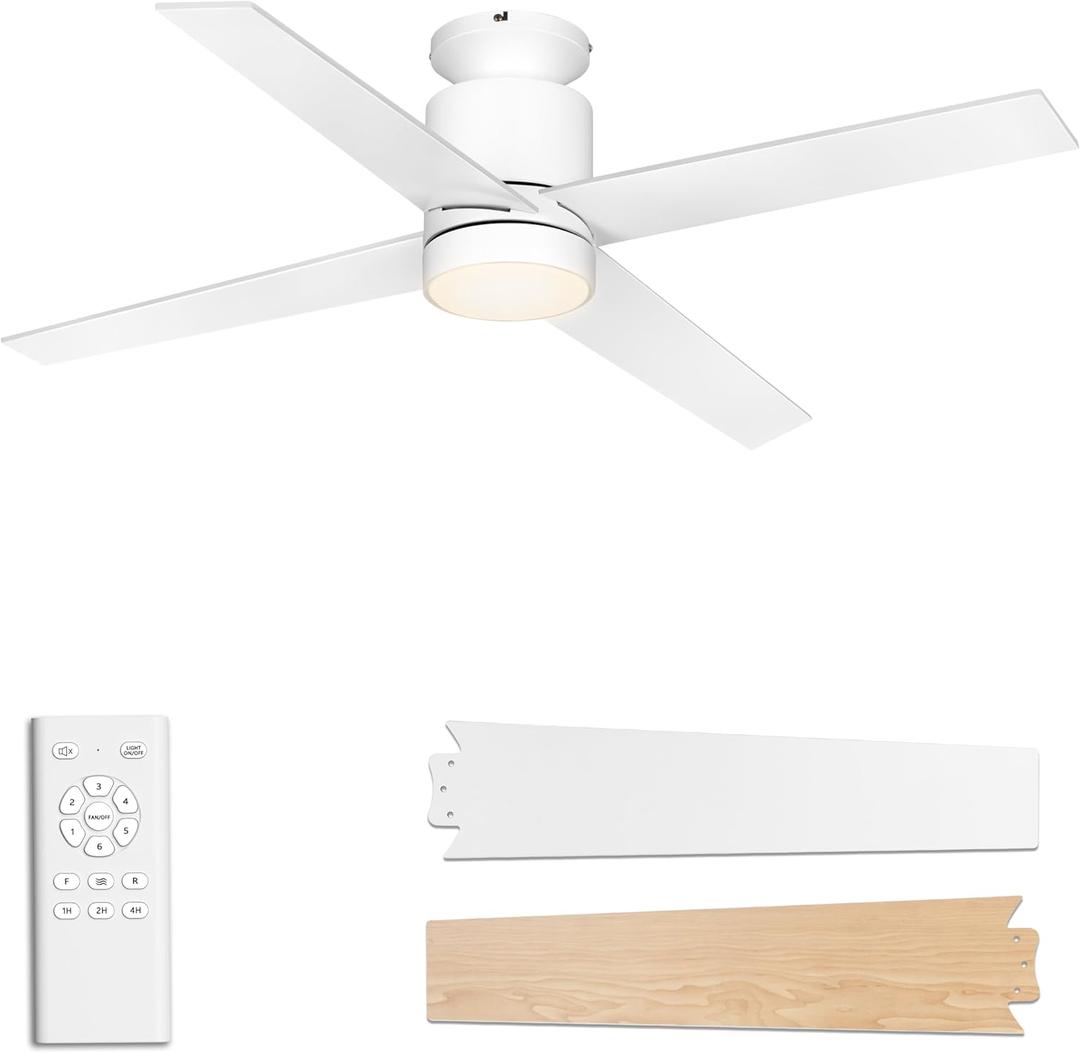 Ceiling Fans with Lights Flush Mount, 52 Inch Low Profile Ceiling Fan with Light, 4 Blades, 6 Speeds, Timer, Ceiling Fans with Lights and Remote for Bedroom Indoor (White)