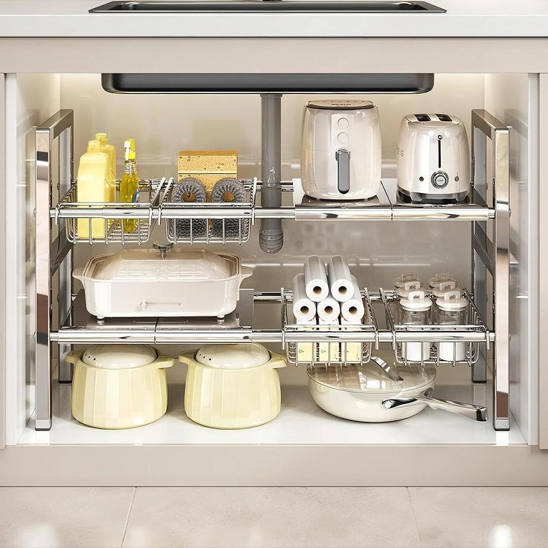 Large Under Sink Organizer 2 Tier Expandable Heavy Stainless Steel Shelf Adjustable Height for Under Kitchen Bathroom Sink Organizers and Storage (Large Size: 4 Panels 4 Storage Baskets)