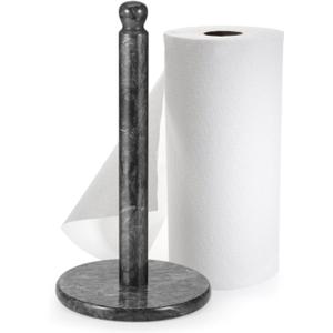 Flexzion Marble Paper Towel Holder 12 inch (Black) - Kitchen Countertop Paper Towel Holder Stand Rack with Roll Dispenser Pole and Weighted Marble Base for Tables Home Dining Bathroom Storage
