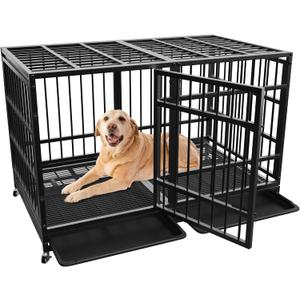 48 Inch Heavy Duty Dog Crate for Large Dogs Indestructible Dog Cage XL High Anxiety with Wheels Impact Escape-Proof Dogs Crate Kennel Indoor with Locks and 2 Removable Trays (Black)