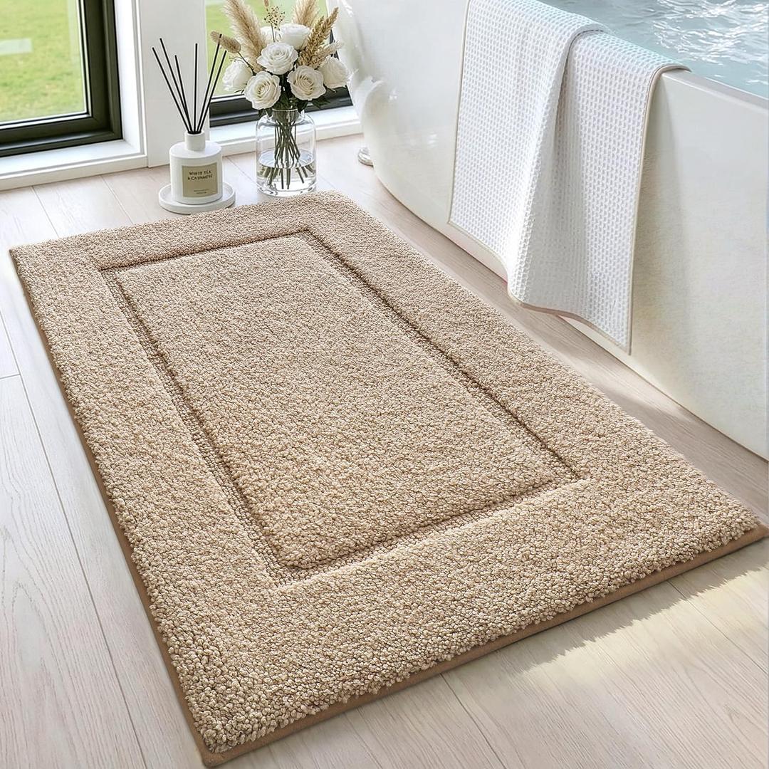 DEXI Bathroom Rugs 32x20, Washable Non Slip Bath Mat for Shower Floor, Absorbent Quick Dry Bathmat with Rubber Backing, Ultra Soft Plush Carpet for Tub, Beige (1'8" x 2'8" (Rectangular))