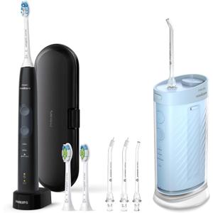 Philips Sonicare Compact Flosser 1000, Blue, ProtectiveClean 5300 Rechargeable Electric Toothbrush and 2PK Compact Nozzle Bundle
