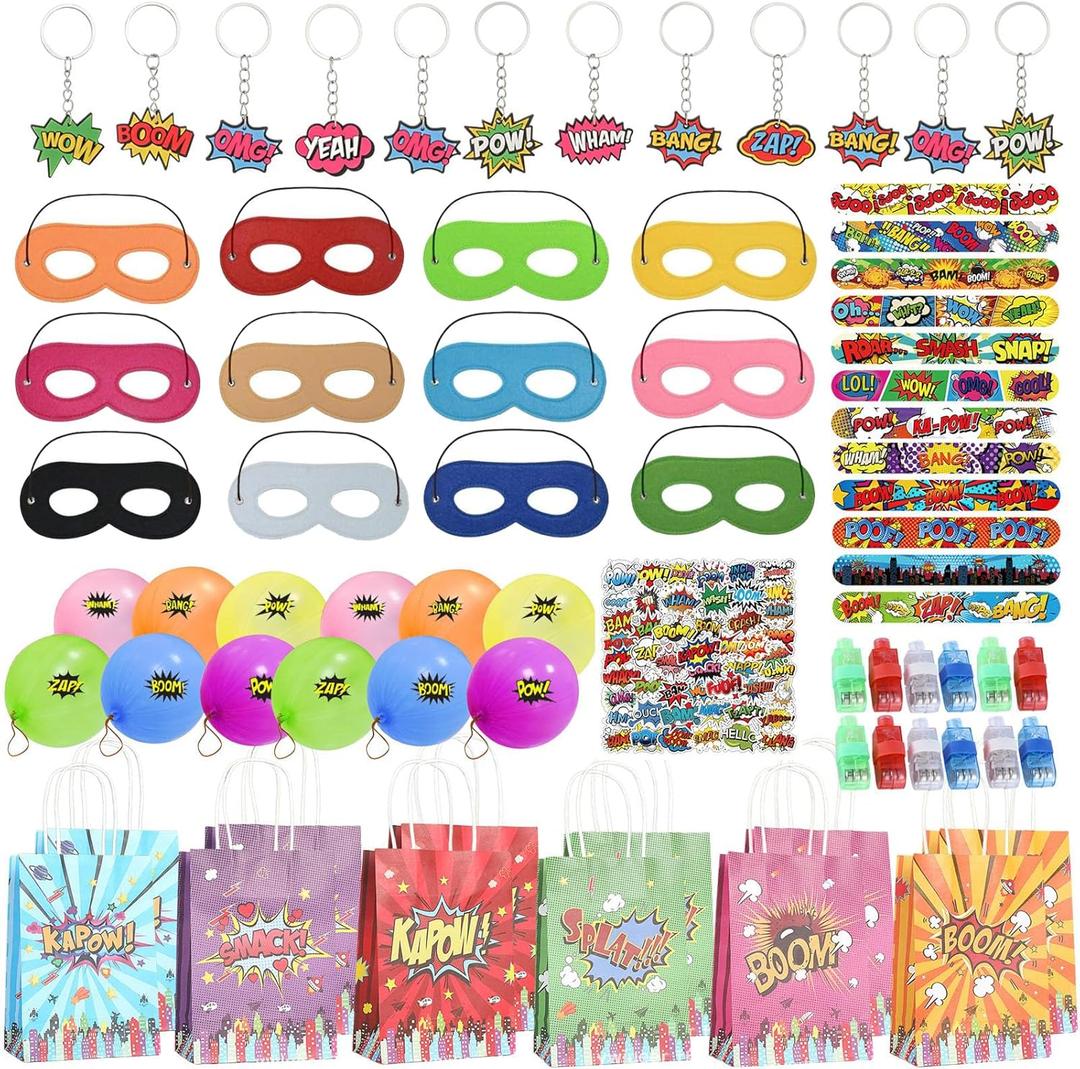 122 Pcs Hero Party Favors - Hero Mask Slap Bracelets Keychains Stickers Punch Balloons Finger Lights and Gift Bags Party Supplies Birthday Decorations