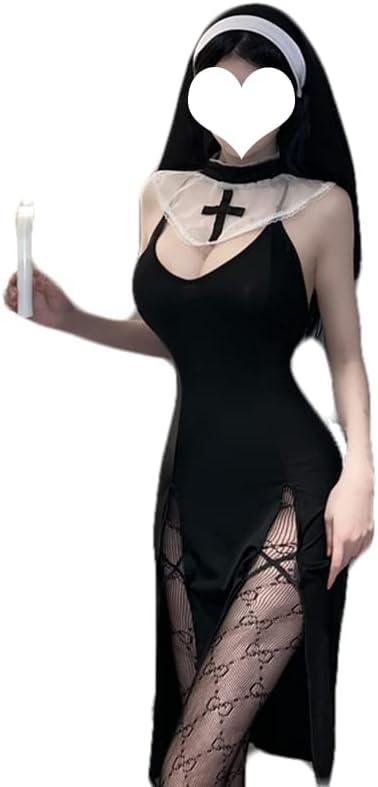 JasmyGirls Nun Costume Sexy Cosplay Lingerie Halloween Anime Maid Outfit Goth Devil Roleplay Naughty Succubus High Slit Dress Up