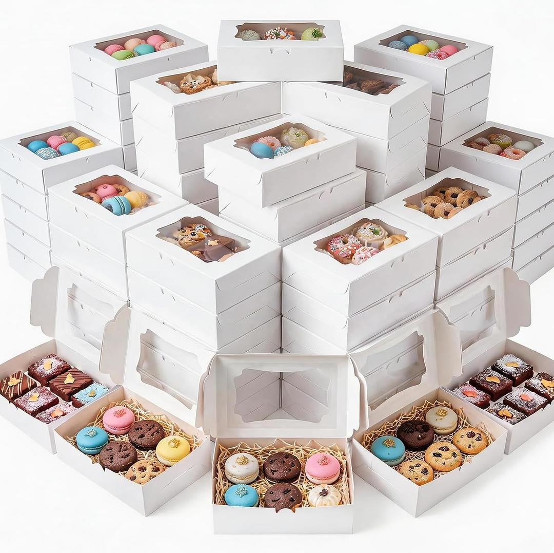 Eaasty 200 Pcs Bakery Boxes 8 x 6 x 2.5 Inch Rectangle Cookies Boxes with Windows for Pastry Baking, Cupcakes, Donuts, Dessert, Chocolate, Mini Pie Treat Packaging
