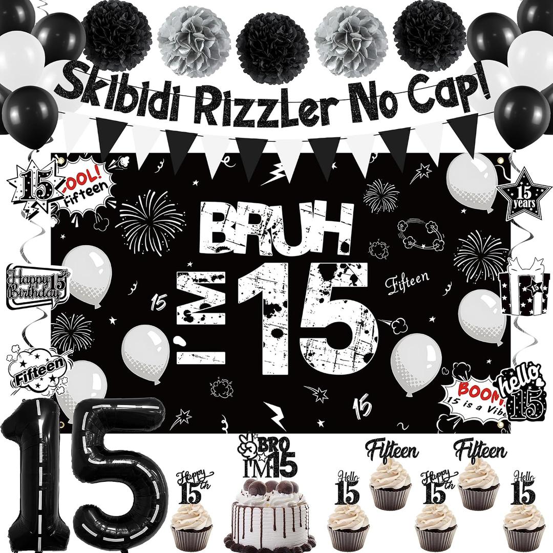 Holkcog 15th Birthday Party Decorations, Happy 15th Bday Bruh Banner Bankground for Boys Girls, Black Number 15 Foil Ballons & Cupcake Topper, Hanging Swirls, Black Happy 15 Years Old Party Supplies