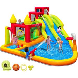 MIRUNAIR Inflatable Bounce House with Slides, Inflatable Water Slide for Kids Backyard, Bounce Water Prak with Air Blower, Splash Pool, Water Cannon, Climbing Wall, Outdoor Backyard Water Park
