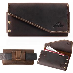 Topstache Belt Clip Leather Phone Holster with Card Holder for iPhone 17/16 Pro Max - Leather Belt Holder for Galaxy S25/S24 Ultra - Cell Phone Case Fit with Protective Case, XL,Darkbrown