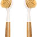 2 Pack Kitchen Dish Brush Bamboo Handle Dish Scrubber Built-in Scraper, Scrub Brush for Pans, Pots, Kitchen Sink Cleaning, Dishwashing and Cleaning Brushes are Perfect Cleaning Tools, White