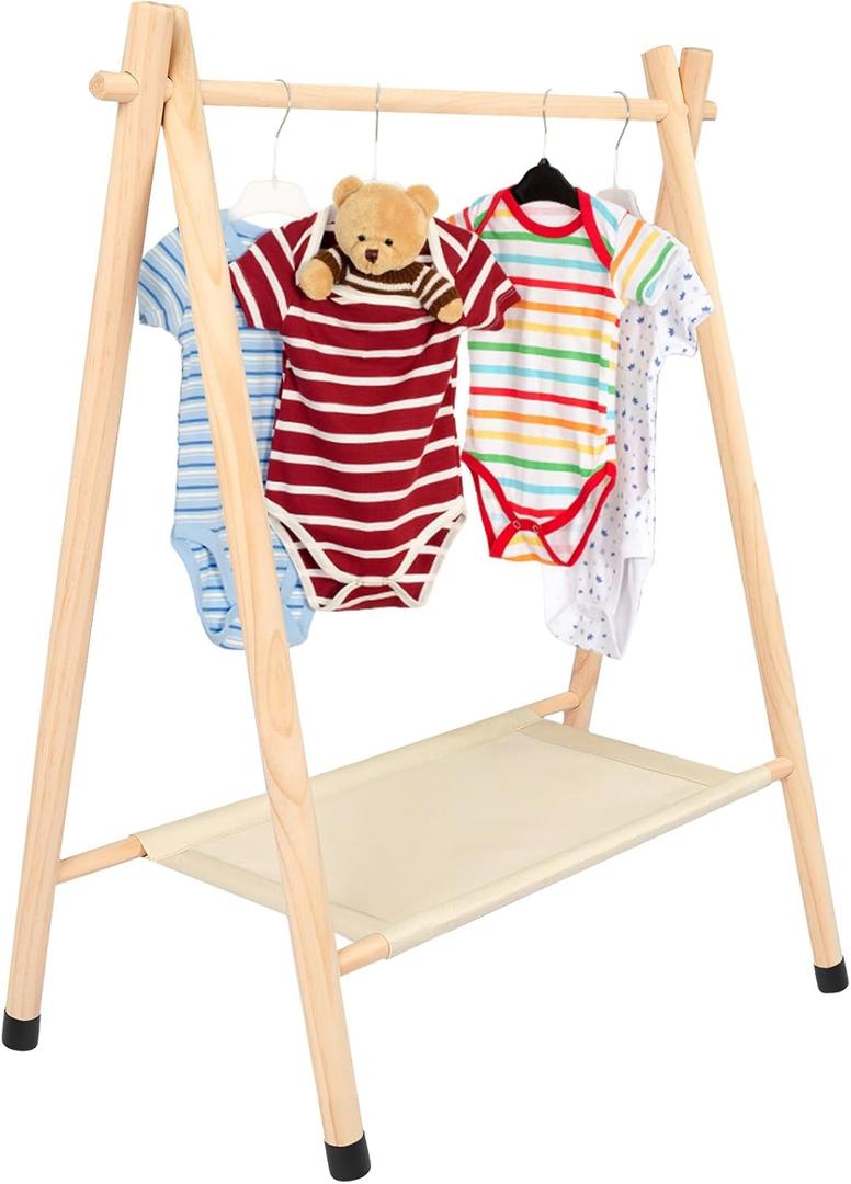 Queekay Baby Clothing Rack for Baby Shower Toddlers Wooden Kids Dress up Rack with Storage Shelf for Toddler Dogs Pets Small Clothes Kids Garment Closet(28.7" h,Natural)