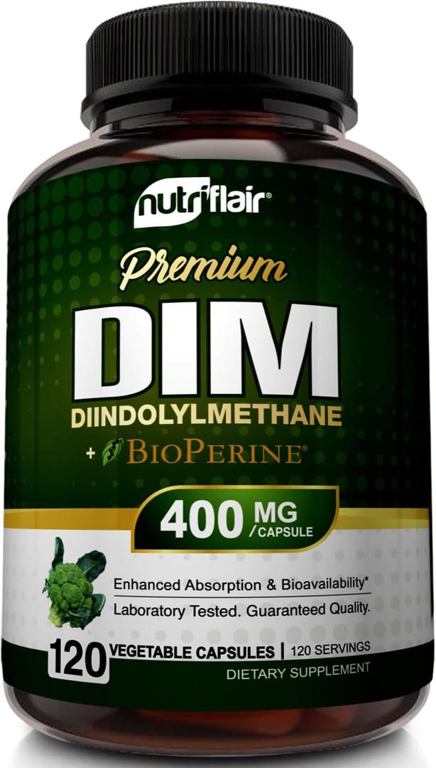 NutriFlair DIM Supplement 400mg with Bioperine, 120 Capsules - Diindolylmethane - Estrogen Metabolism Support & Hormone Balance, Menopause, PCOS, Acne and Skin Care for Men & Women - Compare to 300mg