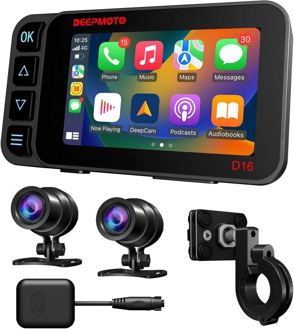 Motorcycle Dash Cam Carplay and Android Auto GPS Navigation, Front and Rear HD Cameras, 4-inch Touch Screen, Button Operation, Built-in 128GB Chip Storage, IP67 Waterproof
