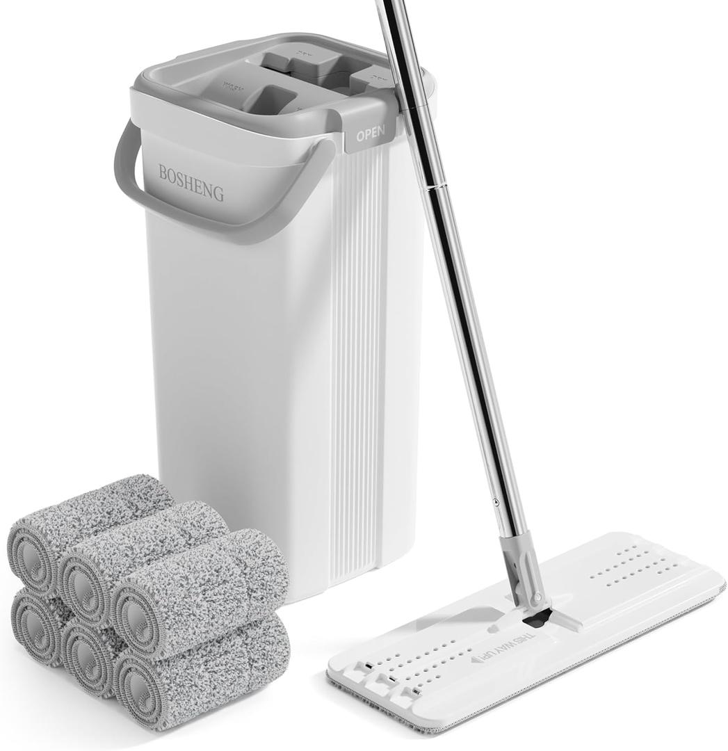Mop and Bucket with Wringer Set, Flat Floor Mop and Bucket for Home, Includes 6 Reusable Microfiber Pads, Ideal for Home, Floor, and Wall Cleaning (1 Bucket [White] + 60" Mop + 6 Grey Pads)