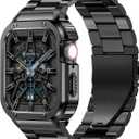 MioHHR Stainless Steel Band and Case Compatible with Apple Watch Band 45mm, Men Metal Protective Bumper Cover for iWatch Series 9/8/7, Black