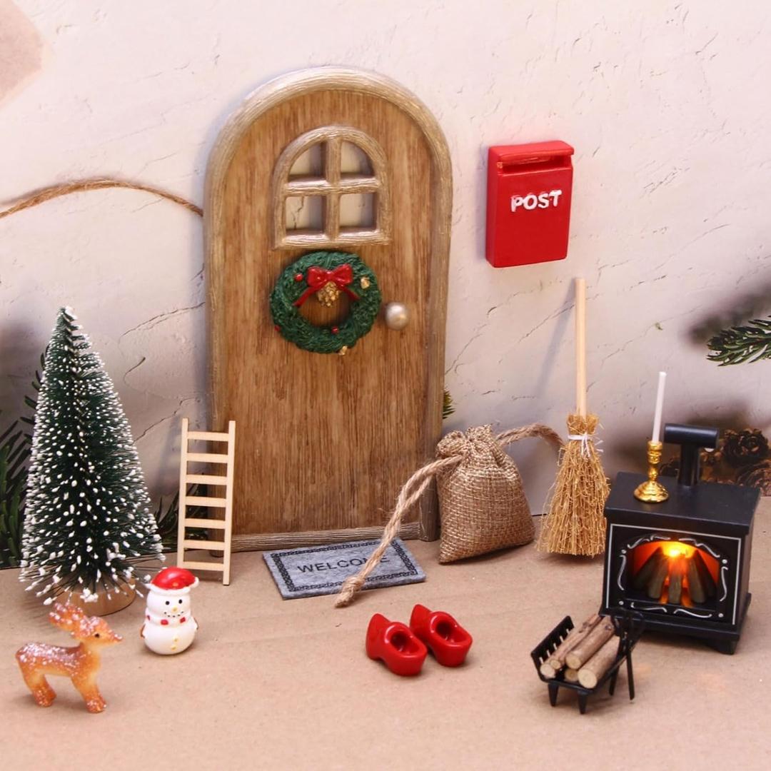 15Pcs Christmas Elf Fairy Door Decorations, DIY Miniature Enchanted Fairy Door Kit, Outdoor Xmas Decor Mini Wooden Miniature for Xmas Accessories Fairy Tale