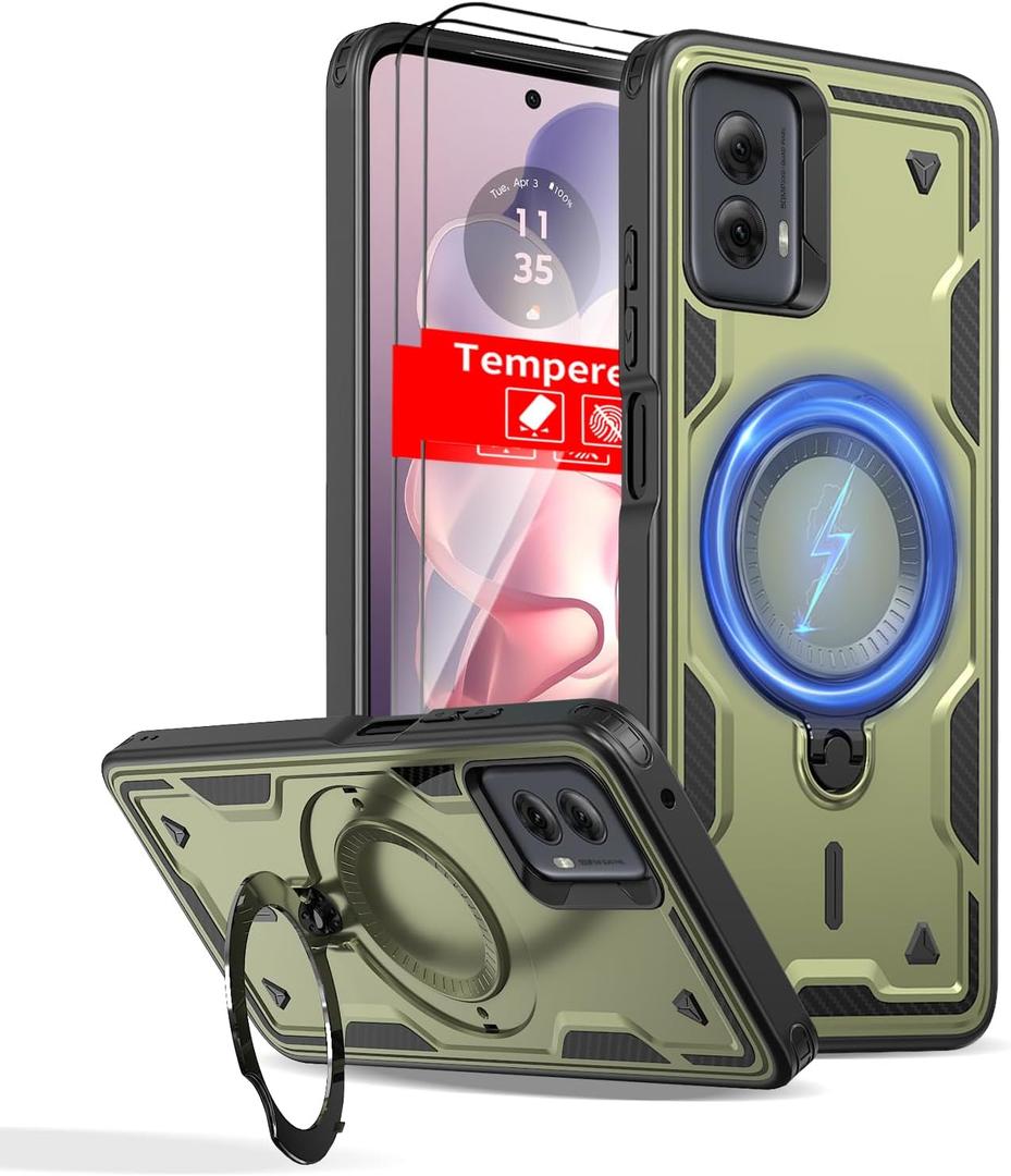 for Motorola Moto G Power 2024 Case Magnetic Compatible with MagSafe,with 2 Screen Protector,with Kickstand Phone Heavy Duty Protection Military Grade Rugged Shockproof Scratch Resistant Green