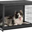 Feandrea 38.6" Dog Crate Furniture, Indoor Dog Cage Side End Table, XL Pet Wood Kennel for Large and Medium Dogs up to 70 lb with Multi-Purpose Removable Tray, Double-Door Pet House, Ink Black