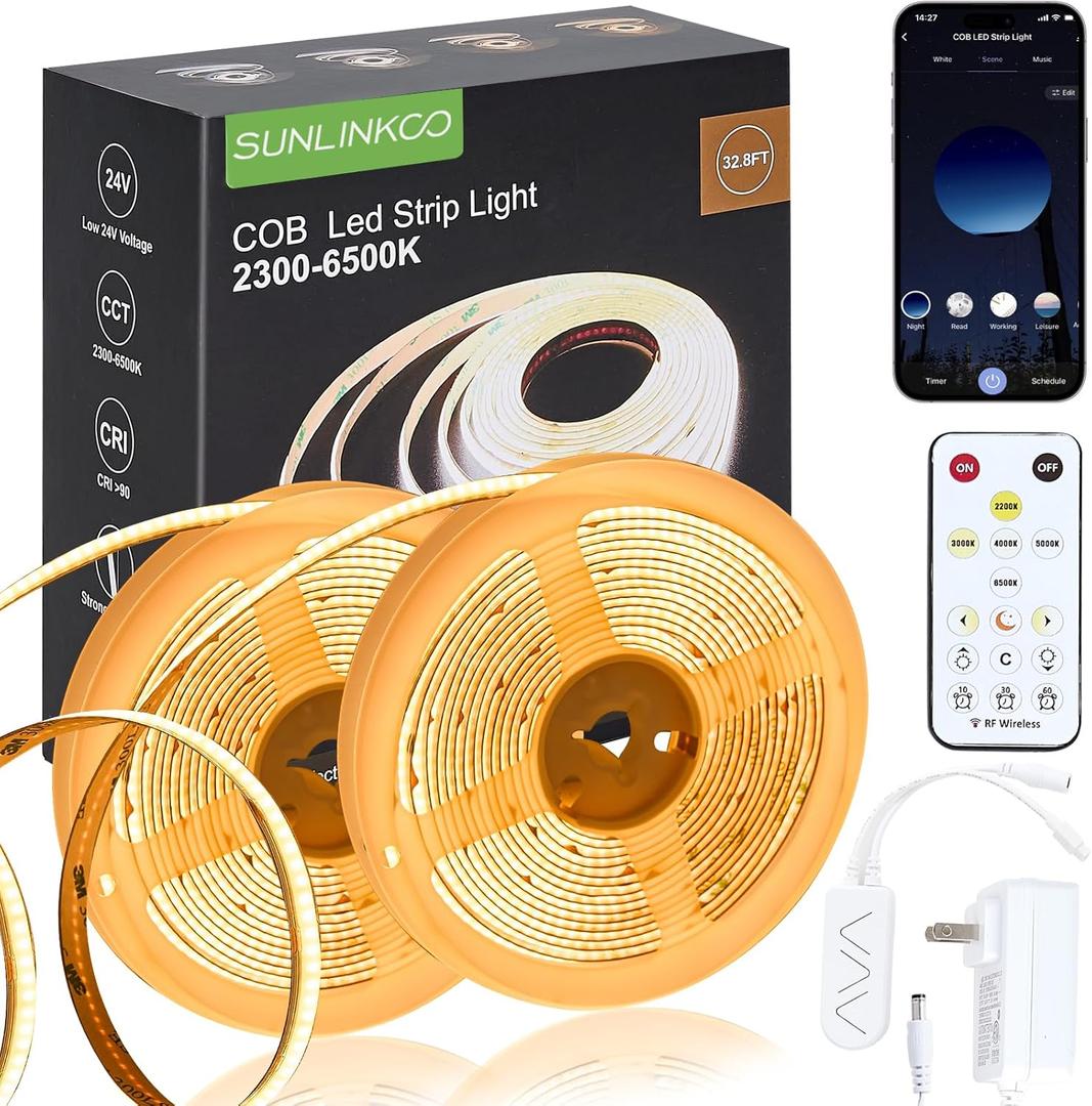 COB LED Strip Light 32.8ft, Dimmable 2300K-6500K White CCT Tunable, DC 24V Cuttable LED Tape Light, High Density 6080 LED 48W CRI 90, APP Remote Control, Music Mode, For Home DIY, Living Room, Bedroom