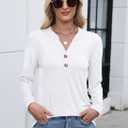 Women Button Down Henley Shirts V Neck Long Sleeve Fashion Dressy Casual Tops Trendy Blouses Loose Fit Tunic (White, XL)