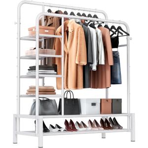 Clothes Rack, Double Rods Clothing Rack with 2 Bottom Shelves & 4 Side Shelves, Metal Garment Rack for Hanging Clothes, Heavy Duty Clothes Rack for Bedroom, Laundry, Living Room, White