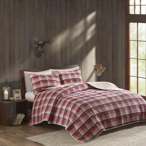Woolrich Reversible Quilt Cabin Lifestyle Design - All Season, Breathable Coverlet Bedspread Bedding Set, Matching Shams, Oversized Full/Queen, Tasha Plaid Red/Tan 3 Piece
