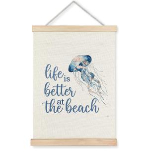 ignytiger Ocean Jellyfish Wall Art Decor, Life is Better at the Beach Coastal Dorm Decor, Summer Beach Poster Framed Wall Art for Bedroom Bathroom,12x16 Inch