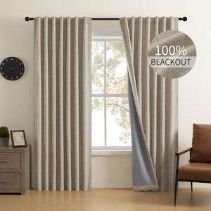 CUCRAF Natural Linen 100% Blackout Curtains 96 Inch Length 2 Panels Set, Back Tab and Rod Pocket Curtain for Living Room Bedroom, Room Darkening Window Drapes Thermal Insulated, (52x96 inch, Linen)