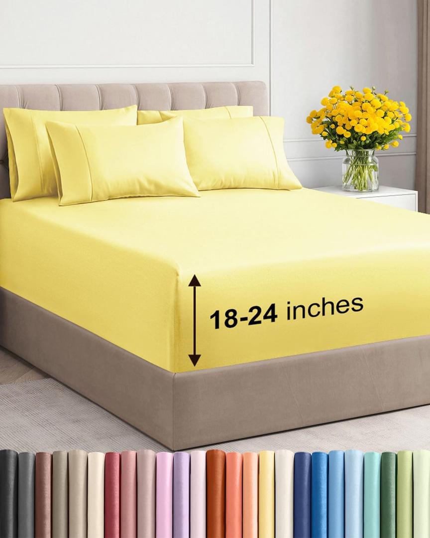 Extra Deep Cal King Sheet Set - 6 Piece Breathable and Cooling Sheets - Hotel Luxury Bedding for Women, Men, Kids & Teens - Easy & Secure Fit - Soft, Wrinkle Free & Comfy - Extra Deep Pockets - Yellow