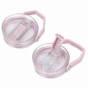 Set of 2 Transparent Pink Water Bottle Replacement Lids with Flip-Up Straw, Carry Handle and Screw-On Cap