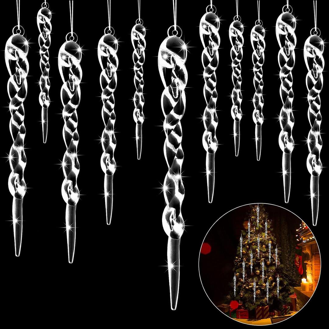 48 Pieces Icicle Ornaments Clear Twisted Icicle Christmas Tree Decorations Acrylic White Artificial Winter Hanging Decor for Christmas Tree Home Festival Decorations, 4 Sizes