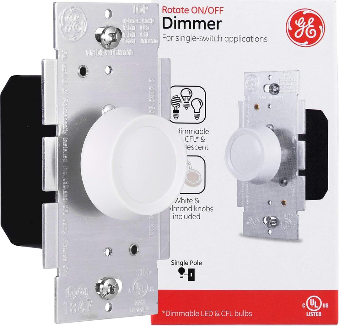 GE Single Pole Rotating Dimmer Switch, Rotate On/Off, Use with Dimmable LED, CFL, and Incandescent Bulbs, Includes Two Knob Colors, UL Listed, White/Light Almond, 18021
