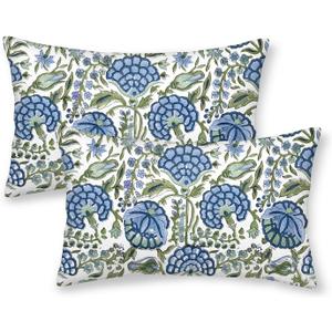 2 x Boho Navy Blue Pillow Covers 12x20 Inch 2 Pcs Sage Green Vintage Floral Decor Throw Pillows Spring Flower Summer Outdoor Farmhouse Decoration Pillowcase Cushion Cover for Couch Sofa Bed