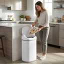 SensorCan 13 Gallon Automatic Sensor Trash Can with Lid, AC Adapter Included, AbsorbX Odor Control, Chalk White Stainless Steel Kitchen Garbage Bin, Fingerprint-Proof, Hands-Free Operation, Oval