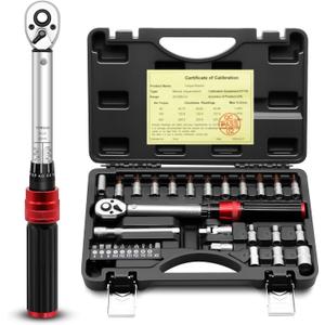 1/4inch Drive Torque Wrench Set, 32-Piece 20-220 in.lb (2.3-25 Nm) Click Bicycle Torque Wrench with Bit Sockets, 0.1 Nm Micro, 72-Tooth Ratchet, 3/8 Adapter, for MTB, E-Bike, Motorcycle