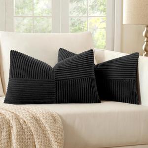 MIULEE Black Decorative Lumbar Throw Pillow Covers 12x20 Inch for Couch Bed Sofa Pack of 2 Boho Farmhouse Throw Pillows Soft Cross Corduroy Patchwork Textured Cushion Cases