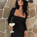 XXTAXN Womens Sexy Long Sleeve Square Neck Bodycon Mesh Mini Dress Black (S)