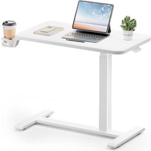 GTPLAYER Small Standing Desk with Hidden Wheels, Pneumatic Mobile Rolling Laptop Desk, Adjustable Height Overbed Bedside Table Computer Workstation for Home Office (32" W x 16" D, White), Large
