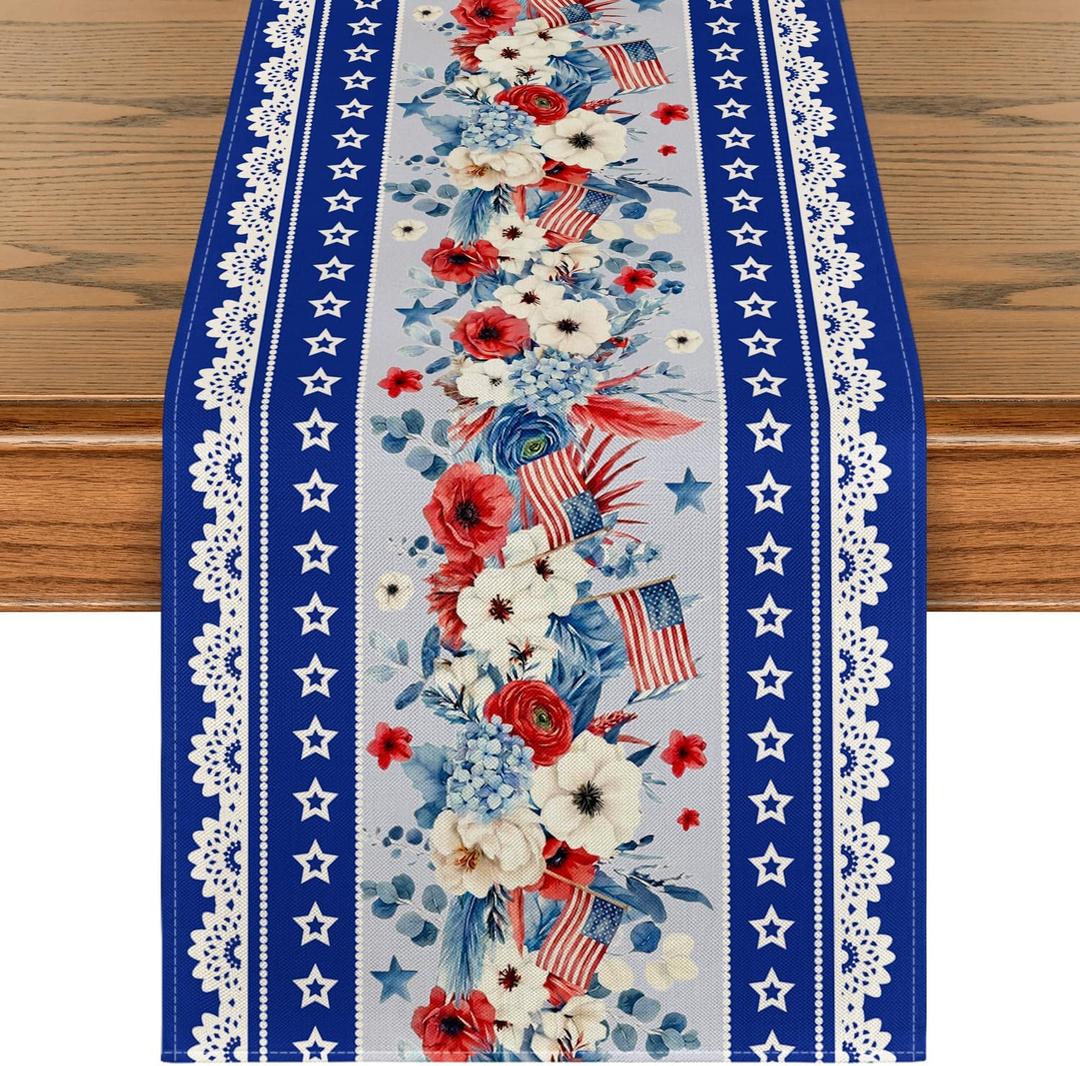Artoid Mode Blue Poppy American Flag Stars 210 GSM 4th of July Table Runner, Memorial Day Kitchen Dining Table Decoration for Home Party Decor 13x90 Inch